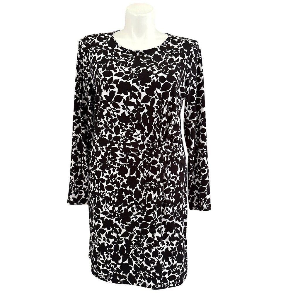 Michael Kors black and white floral sheath dress feature a versatile knee-length